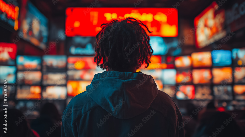 Fototapeta premium A man stands in front of a television screen with a red background. The television screen is filled with many different images, and the man is watching them. Scene is one of curiosity and fascination