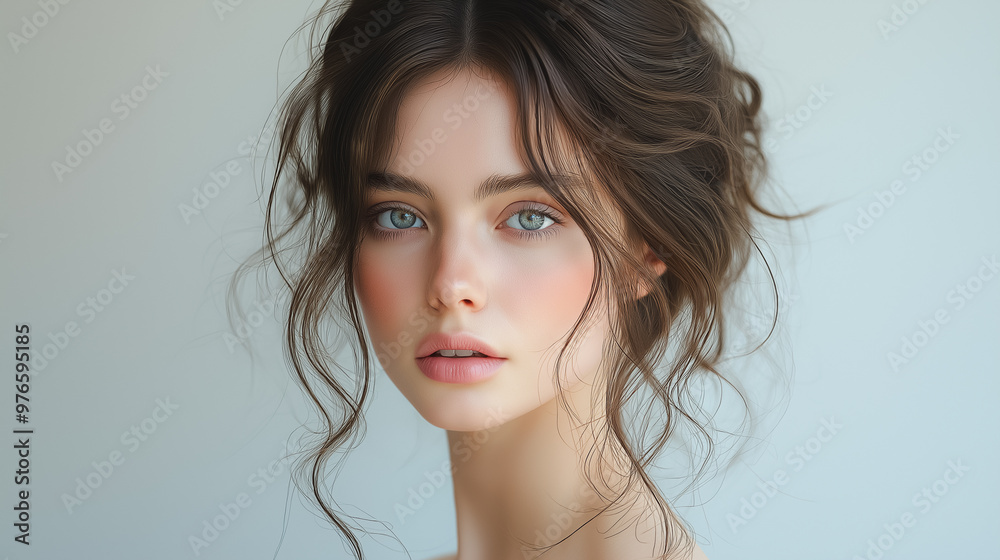 A woman with long hair and a blue eye shadow. She has a messy bun on her head A woman with long hair and a blue eye shadow. She has a messy bun on her head