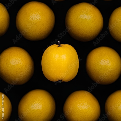 A cinematicstyle photograph of a yellow fruit with organic folds surrounded by fruits in shades of golden yellow amber and honey The fruits are tightly packed forming a dense compact arrangement with photo