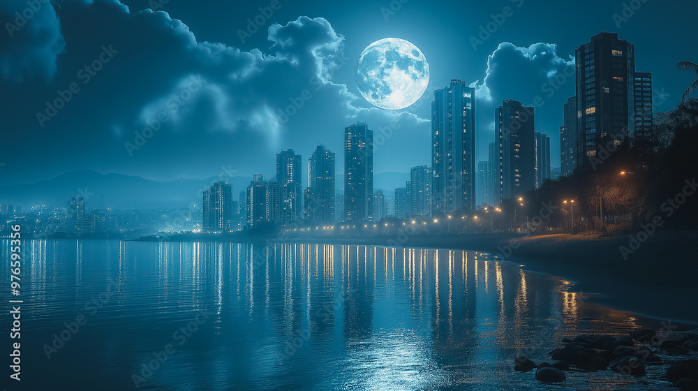 Fototapeta premium A city skyline is reflected in the water, with a full moon shining brightly above. The scene is serene and peaceful, with the city lights in the background creating a sense of calm