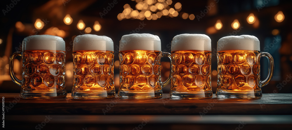 Beer Mugs and Foamy Beer with Lights Beer Mugs and Foamy Beer with Lights