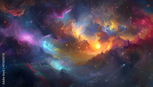 A vibrant, colorful galaxy with swirling stars and nebulae, evoking a sense of cosmic wonder.