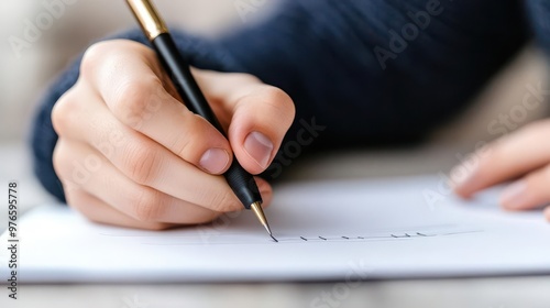 A close-up of a student s hand writing an essay, student, writing, essay