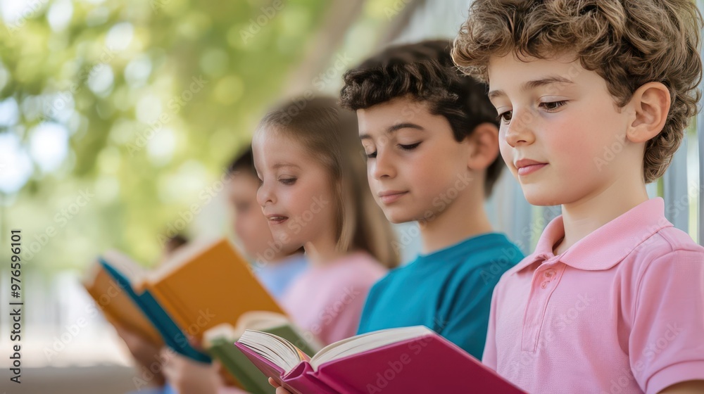 A group of students reading books together on a sunny school playground, students, reading together, playground A group of students reading books together on a sunny school playground, students, reading together, playground