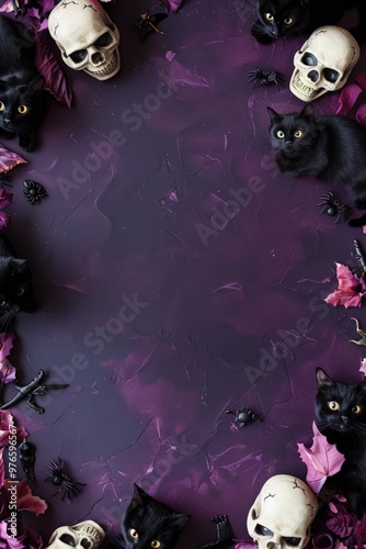 Overhead view of spooky decorations such as black cats and skulls on a dark purple background, with space for text.