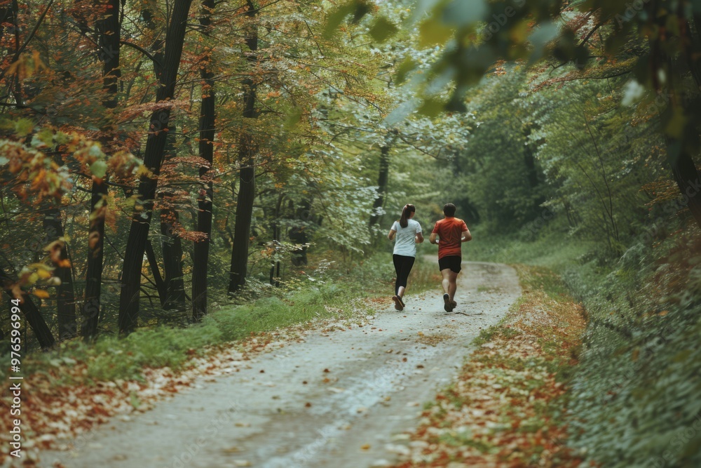 Obraz premium Couple Running Through Autumn Forest