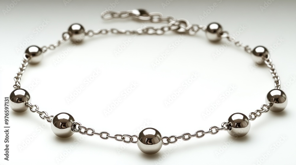 A silver bracelet featuring spherical beads linked by chain. A silver bracelet featuring spherical beads linked by chain.