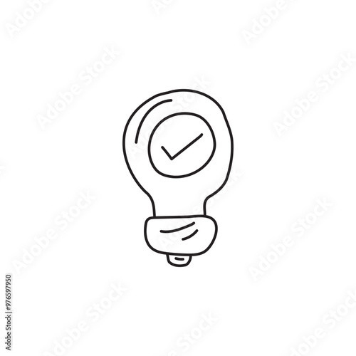 Hand-drawn lightbulb with checkmark inside, concept of idea, solution, success, approval, innovation.