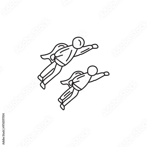 Two stick figures flying in the air with capes, symbolizing teamwork, superheros, ambition, goals, leadership. Concept of success and overcoming obstacles.