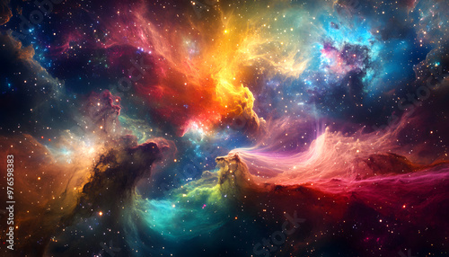 A vibrant, colorful galaxy with swirling stars and nebulae, evoking a sense of cosmic wonder.