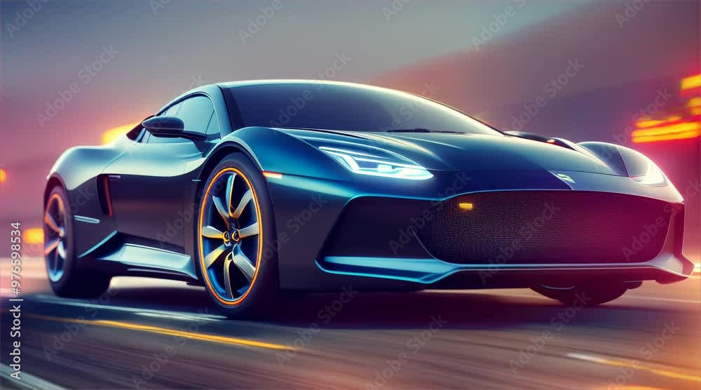 Sports car driving on asphalt road in beautiful city background. 3d rendering and illustration Sports car driving on asphalt road in beautiful city background. 3d rendering and illustration