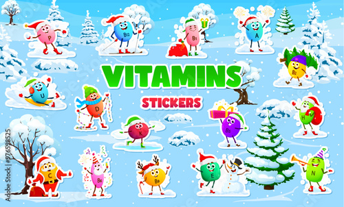 Cartoon vitamin and micronutrient characters stickers pack. Colorful supplement capsules enjoying winter wonderland, and outdoor Christmas holiday activities, emphasizing health, nutrition, and joy