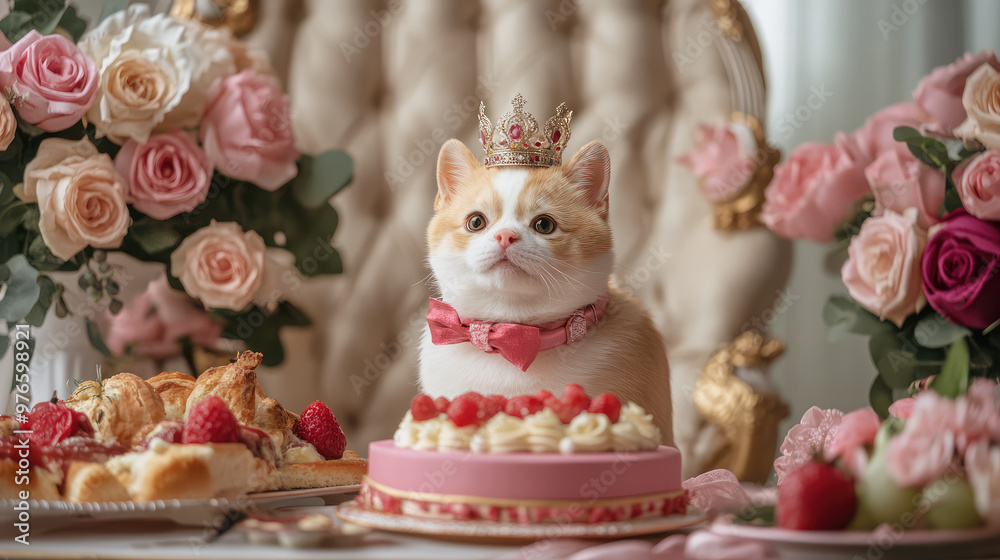 A cat wearing a crown sits in front of a cake with pink frosting A cat wearing a crown sits in front of a cake with pink frosting