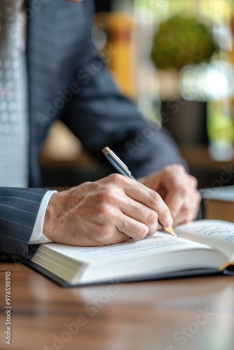 A man in a suit is signing