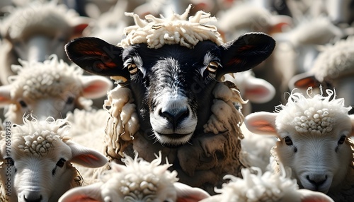 Dominant black sheep stands proudly at the forefront of a flock, asserting leadership amid a sea of white woolly companions photo