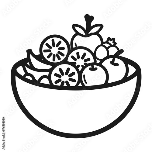 This bowl contains an assortment of fresh fruits, including bananas, apples, and berries, presenting a colorful and nutritious snack option