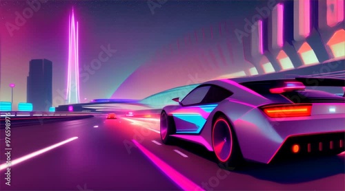 Sports car driving on asphalt road in beautiful city background. 3d rendering and illustration
