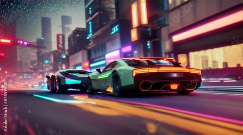 Sports car driving on asphalt road in beautiful city background. 3d rendering and illustration