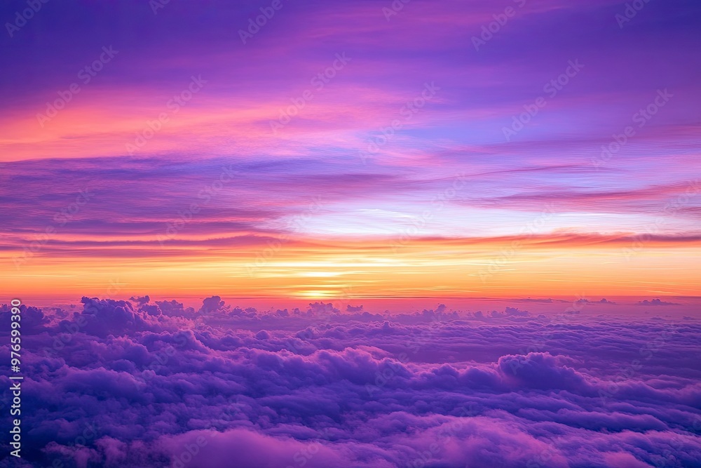Fototapeta premium sunset cloudscape Panoramic with rich purple and pink tones blending into orange at horizon, tranquil evening sky view, natural dusk setting, soft wispy cloud formation, twilight backdrop, ai