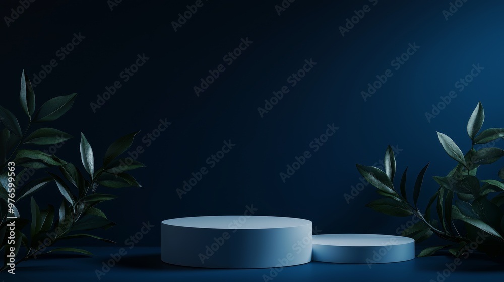 Minimalist display with round podium on a dark blue background, accented by green leaves for a contemporary look. Minimalist display with round podium on a dark blue background, accented by green leaves for a contemporary look.
