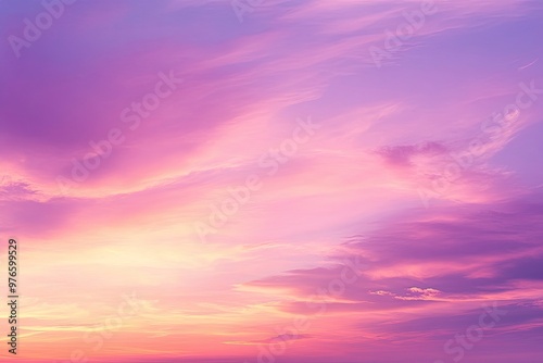 sunset cloudscape Panoramic with rich purple and pink tones blending into orange at horizon, tranquil evening sky view, natural dusk setting, soft wispy cloud formation, twilight backdrop, ai