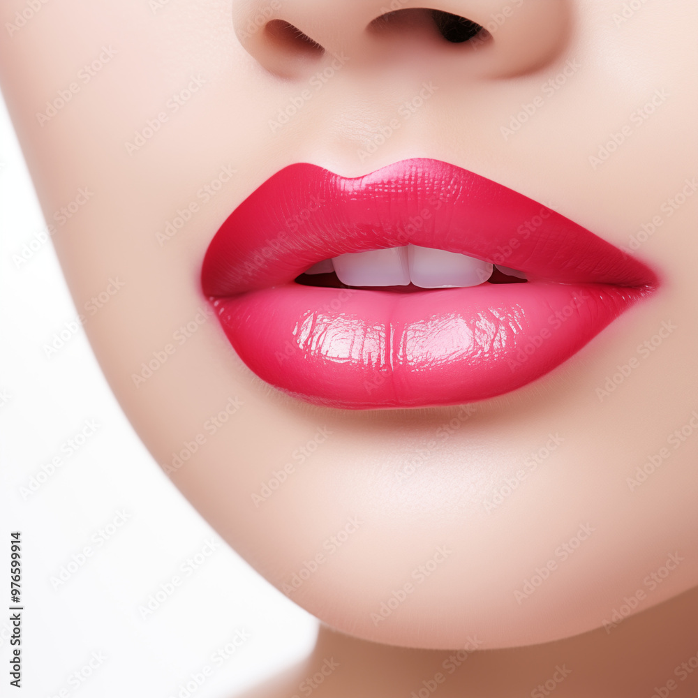 Obraz premium Close-up of beautiful Asian woman's lips. Beautiful lips with pink red lipstick isolated on white background.