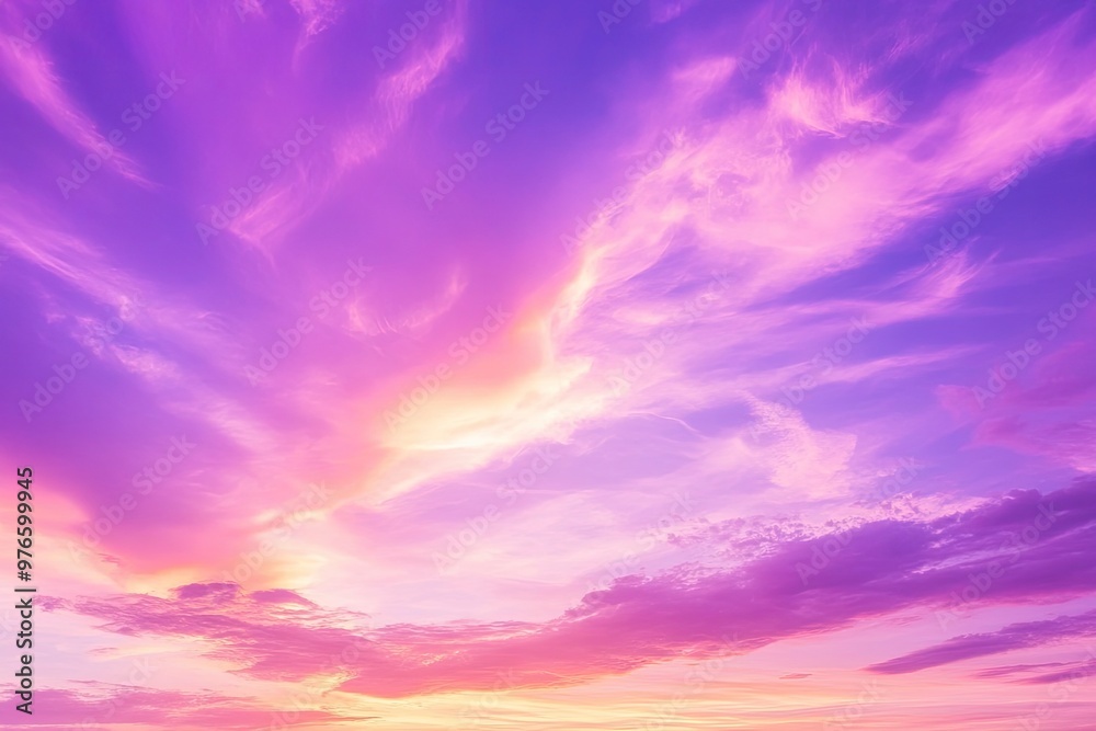 sunset cloudscape Panoramic with rich purple and pink tones blending into orange at horizon, tranquil evening sky view, natural dusk setting, soft wispy cloud formation, twilight backdrop, ai sunset cloudscape Panoramic with rich purple and pink tones blending into orange at horizon, tranquil evening sky view, natural dusk setting, soft wispy cloud formation, twilight backdrop, ai