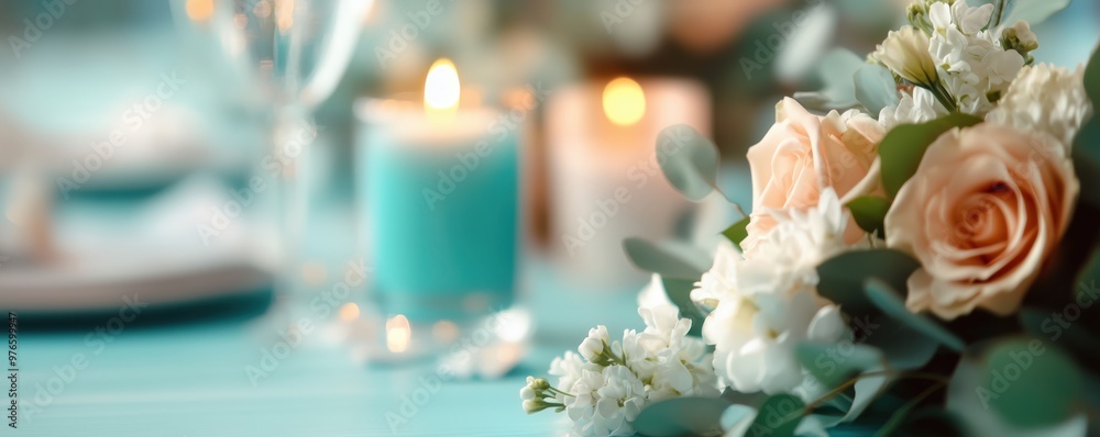 Aquamarine-themed wedding table decor with candles Aquamarine-themed wedding table decor with candles