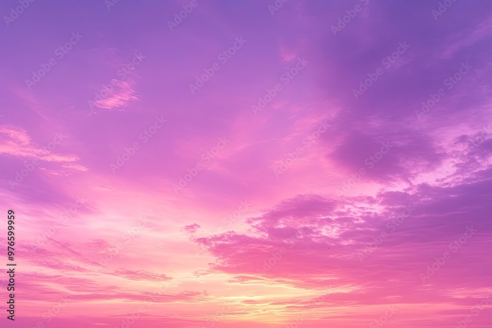 Fototapeta premium sunset cloudscape Panoramic with rich purple and pink tones blending into orange at horizon, tranquil evening sky view, natural dusk setting, soft wispy cloud formation, twilight backdrop, ai