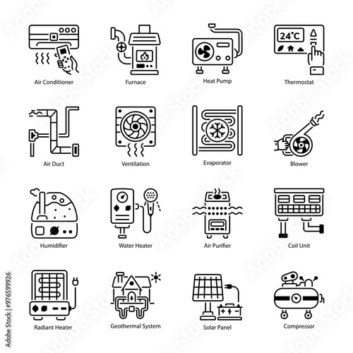 Collection of Linear Style Air Conditioning Icons

