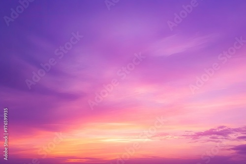 sunset cloudscape Panoramic with rich purple and pink tones blending into orange at horizon, tranquil evening sky view, natural dusk setting, soft wispy cloud formation, twilight backdrop, ai