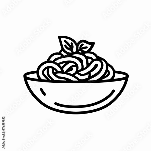 A bowl filled with spaghetti noodles topped with fresh basil, illustrated in a minimalist style showcasing clean lines and a simple aesthetic