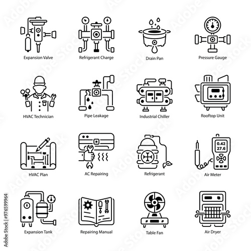 Bundle of Outline Style HVAC and Plumbing Icons

