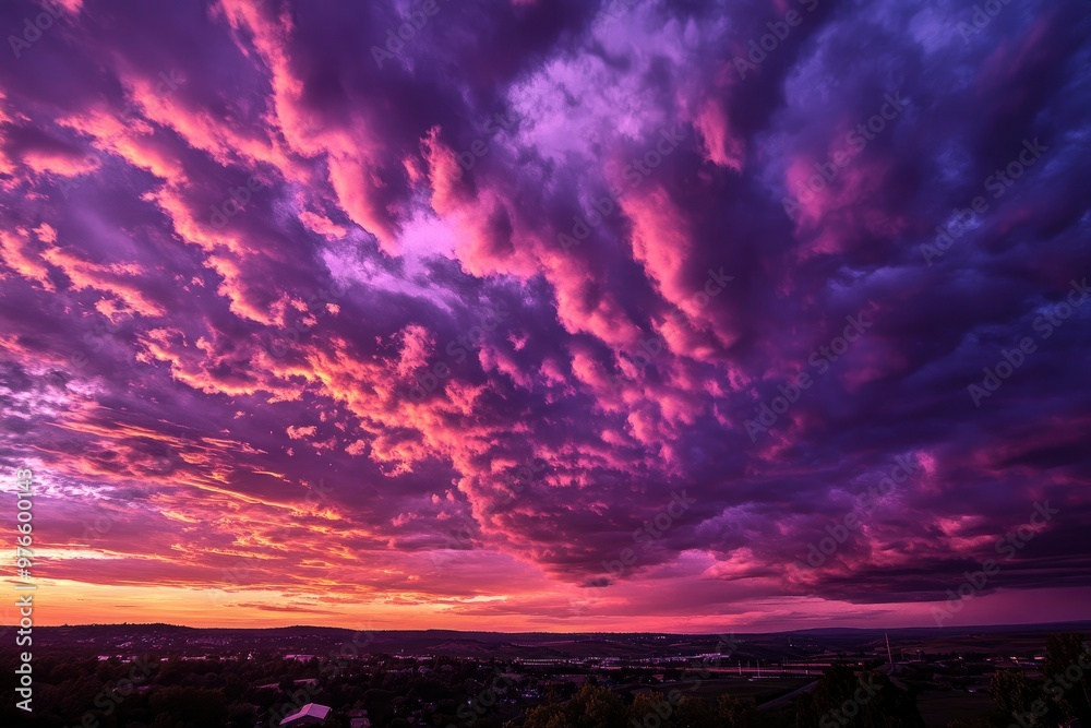 Fototapeta premium sunset cloudscape Panoramic with rich purple and pink tones blending into orange at horizon, tranquil evening sky view, natural dusk setting, soft wispy cloud formation, twilight backdrop, ai