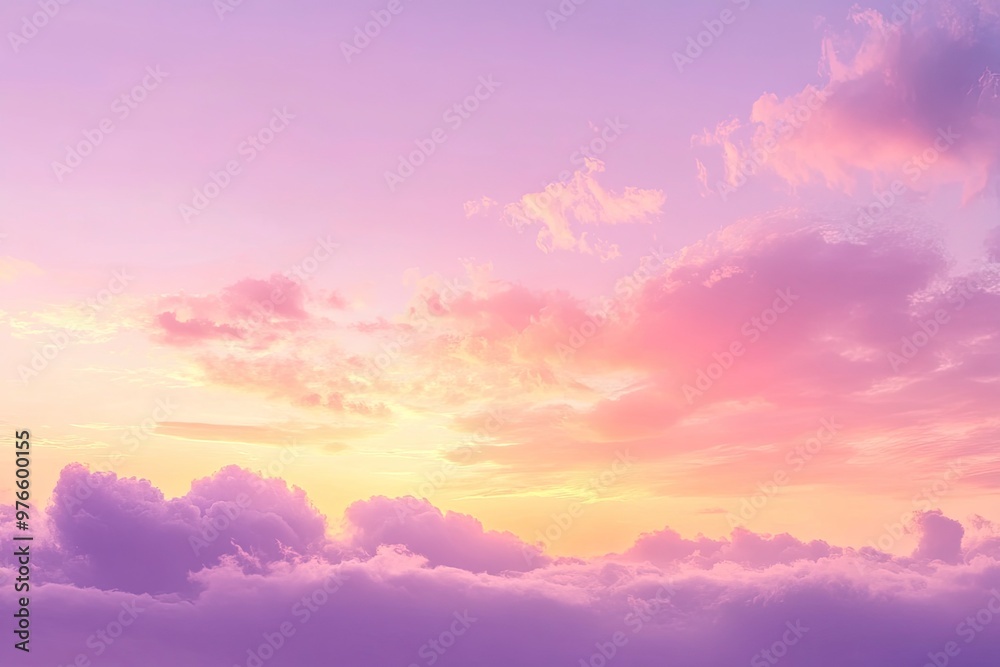 Fototapeta premium sunset cloudscape Panoramic with rich purple and pink tones blending into orange at horizon, tranquil evening sky view, natural dusk setting, soft wispy cloud formation, twilight backdrop, ai
