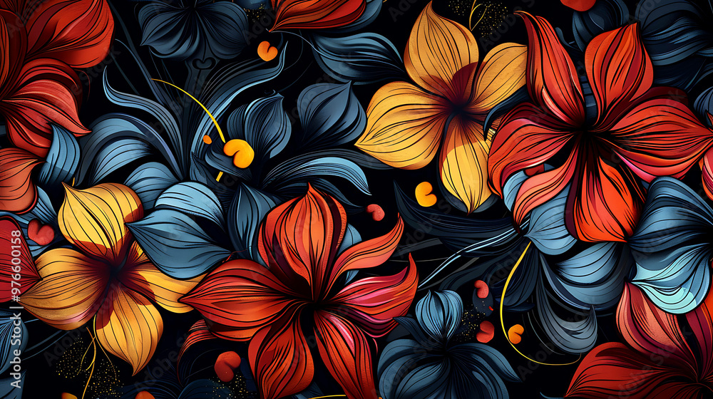 Vibrant floral pattern with red, yellow, and blue flowers on a dark background. Vibrant floral pattern with red, yellow, and blue flowers on a dark background.