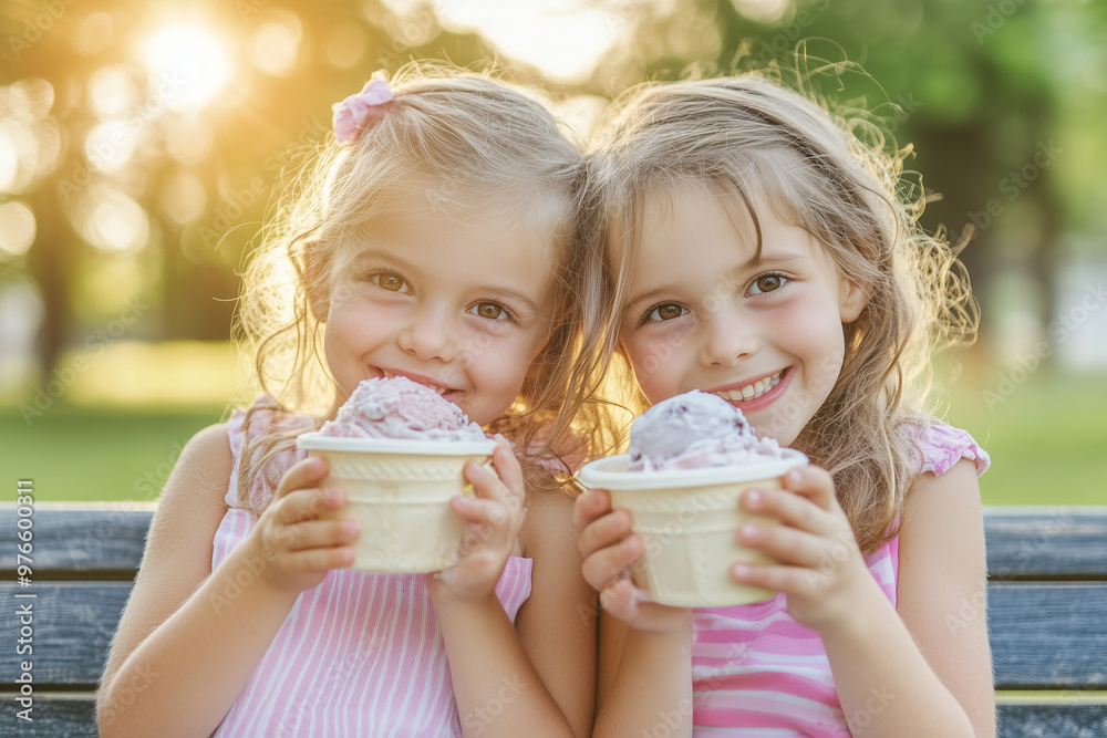 Two Sisters Enjoying Ice Cream on a Sunny Day Two Sisters Enjoying Ice Cream on a Sunny Day