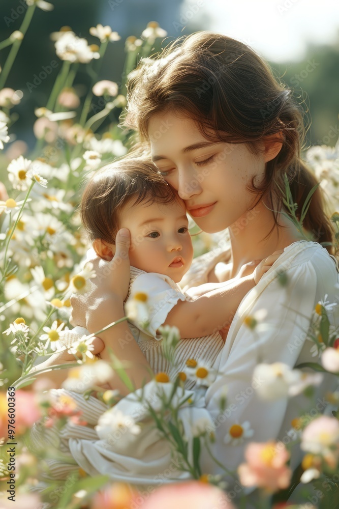Mother and baby in the flower bushes in the outskirts Mother and baby in the flower bushes in the outskirts