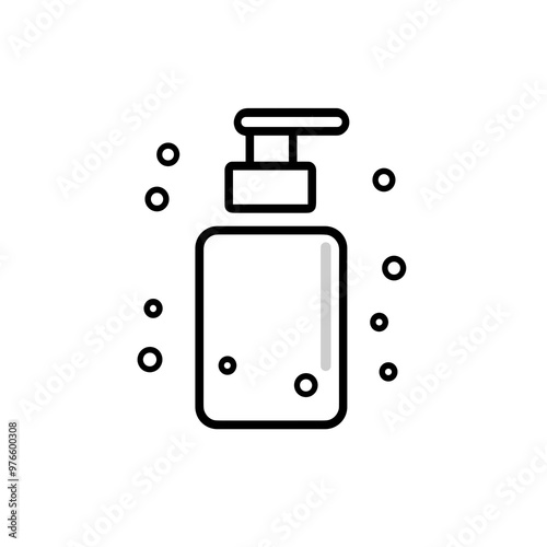 This outline features a sleek soap dispenser amidst small bubbles, ideal for capturing the essence of cleanliness and minimalism in design