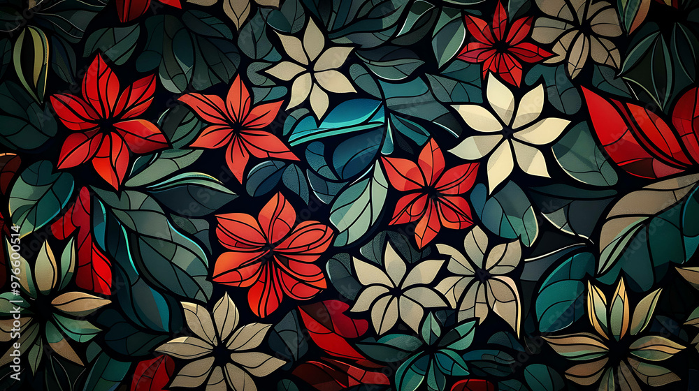 Bright floral pattern with red, white, and green flowers. Bright floral pattern with red, white, and green flowers.