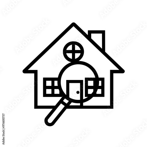 A simple line drawing of a house is shown alongside a magnifying glass, representing the concept of inspecting and evaluating properties for potential buyers