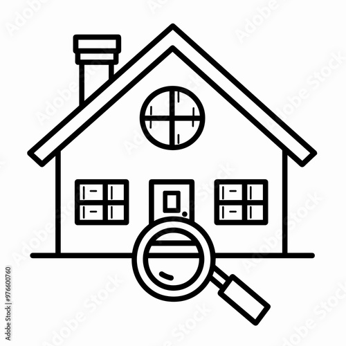 A simplistic line drawing of a house features a magnifying glass positioned near the door, suggesting a focus on home inspection or assessment tasks