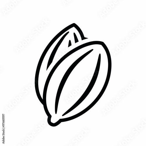 This artwork features a black line drawing of cocoa beans, illustrating their importance in chocolate production and agricultural practices