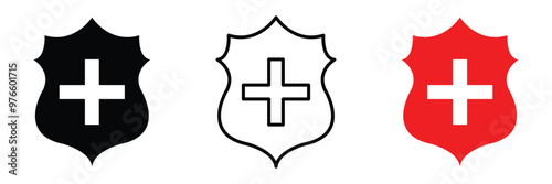 Health shield icon with safety check badge plus vector. Secure plus mark for quality guard guarantee. Isolated protect plus for medical business or antivirus warranty emblem design in eps 10.