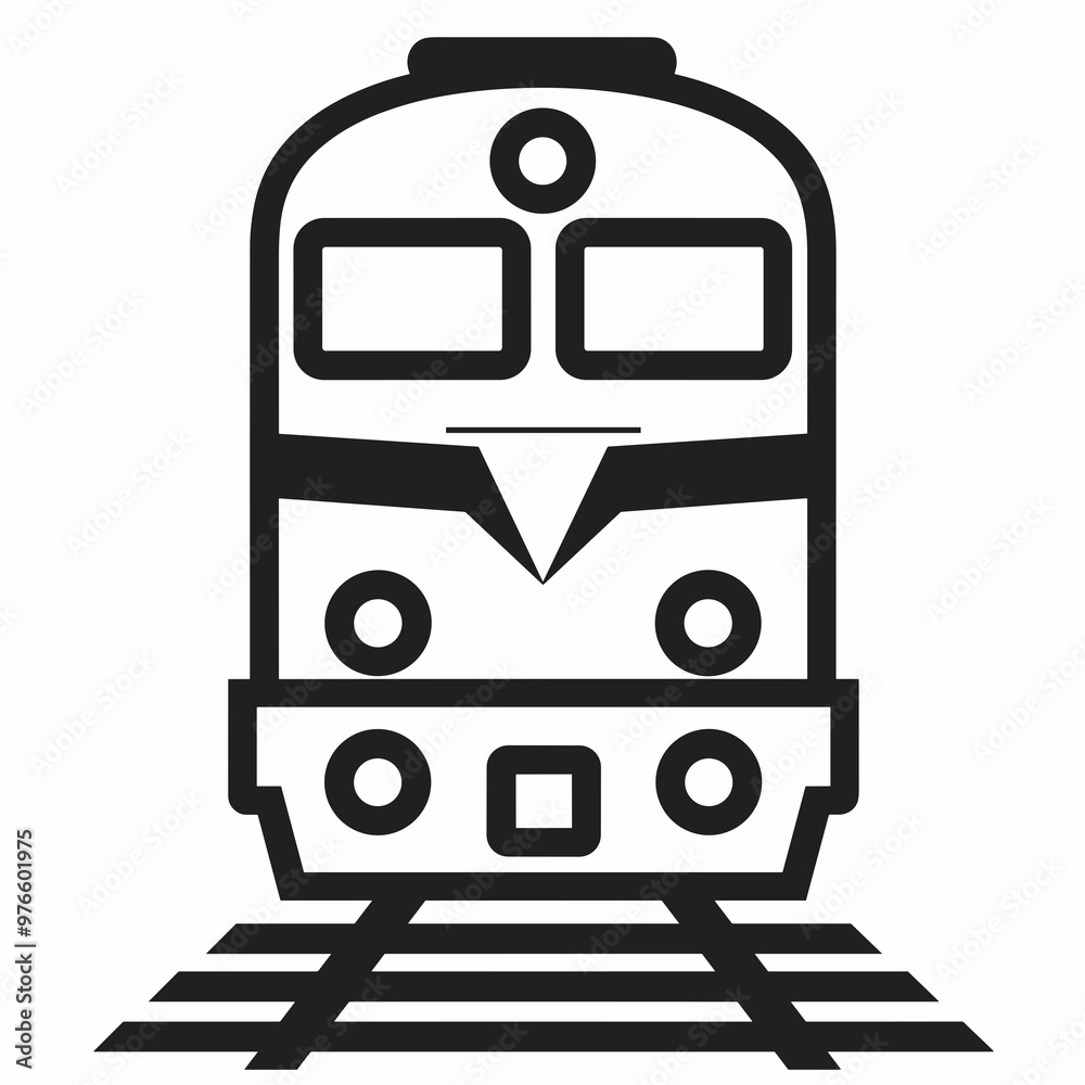The design illustrates a train head-on, emphasizing its features such as headlights and tracks, symbolizing transportation and travel The design illustrates a train head-on, emphasizing its features such as headlights and tracks, symbolizing transportation and travel