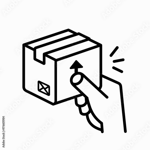 A hand grips a delivery box featuring an upward arrow, suggesting the package is ready to be opened. The design emphasizes the unboxing experience