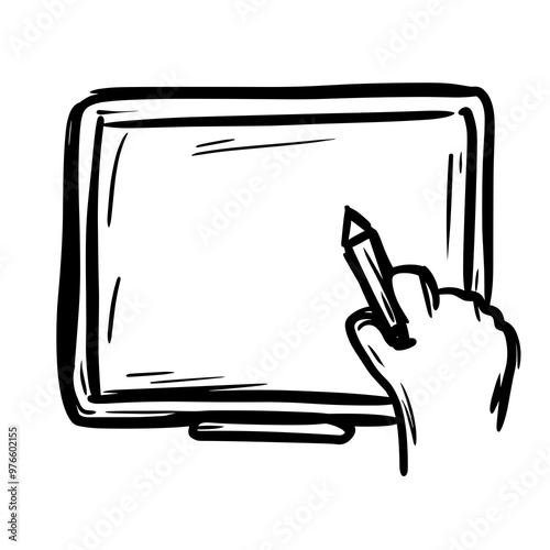 A hand holds a stylus against a blank digital screen, illustrating the fusion of creativity and technology in design and artistic practices