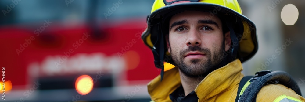 A firefighter in a yellow helmet and gear stands alert, ready for action in front of a red fire truck, symbolizing bravery and dedication to public safety. A firefighter in a yellow helmet and gear stands alert, ready for action in front of a red fire truck, symbolizing bravery and dedication to public safety.