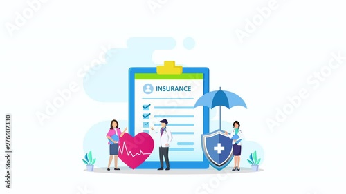 Animation video 2d clip 4k of Health insurance concept. Big clipboard with document on it under the umbrella.