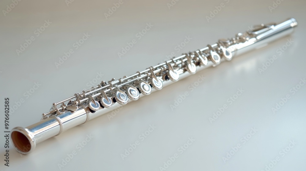 Fototapeta premium A silver flute resting on a smooth surface, ready for play.